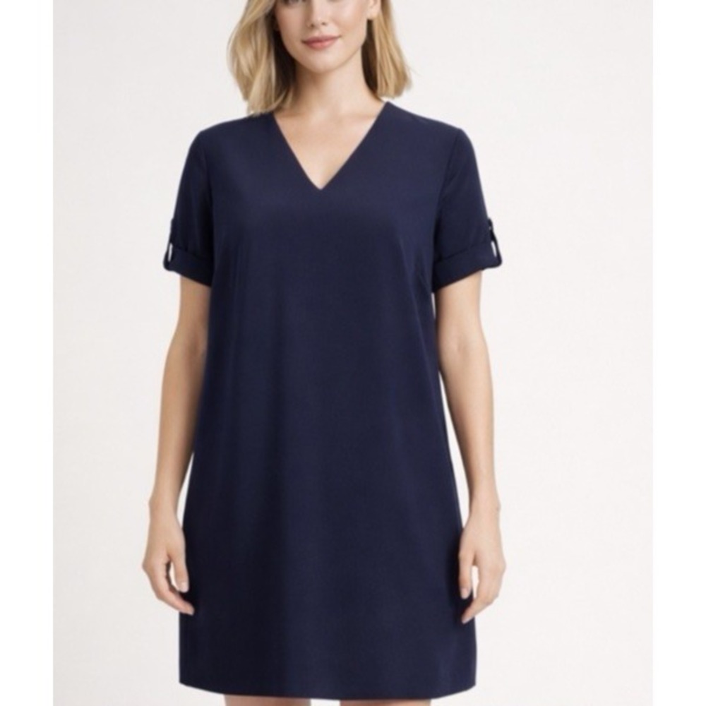 Lauren Ralph Lauren Navy Blue Roll Tab Sleeve Shift‎ Dress Preppy Office 14 NEW